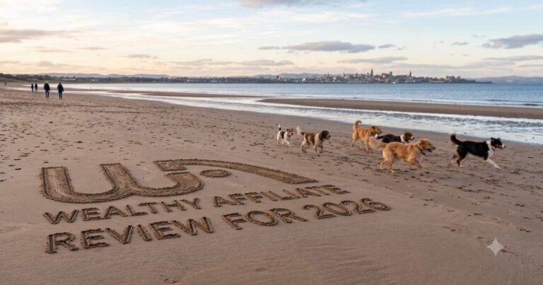 Wealthy Affiliate Review 2026 written in the sand on an East Lothian beach