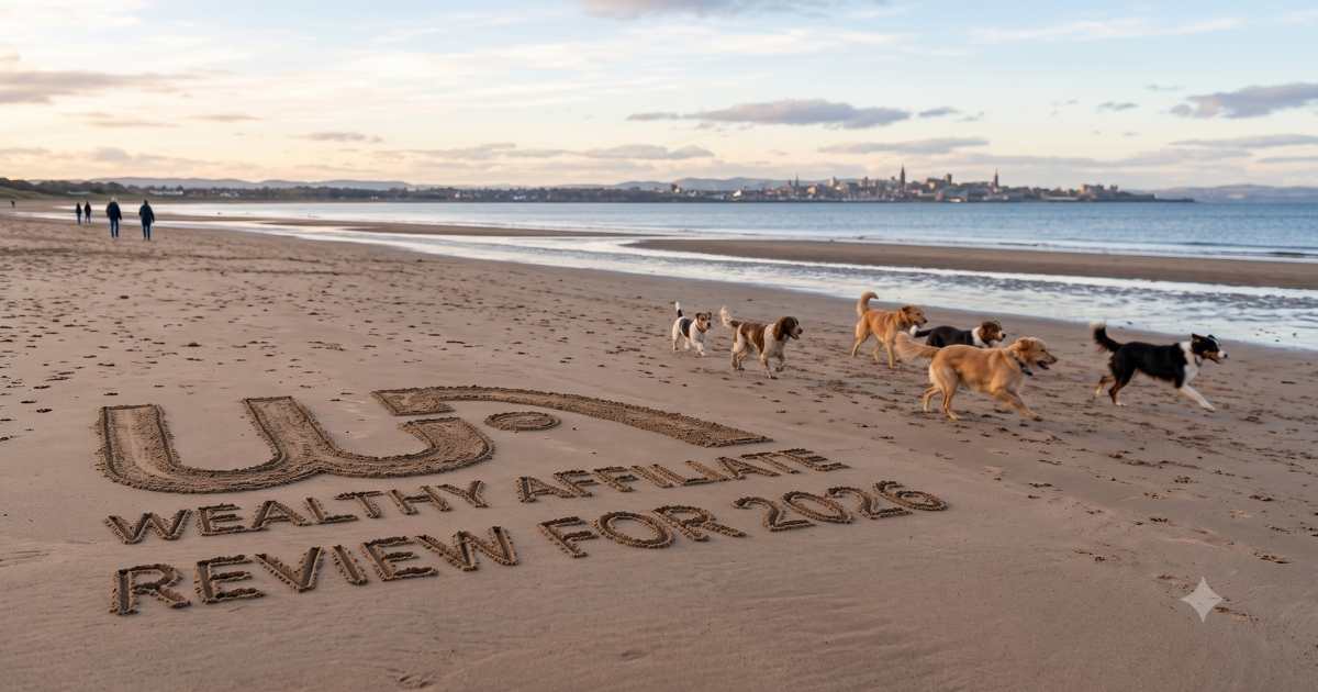 Wealthy Affiliate Review 2026 written in the sand on an East Lothian beach