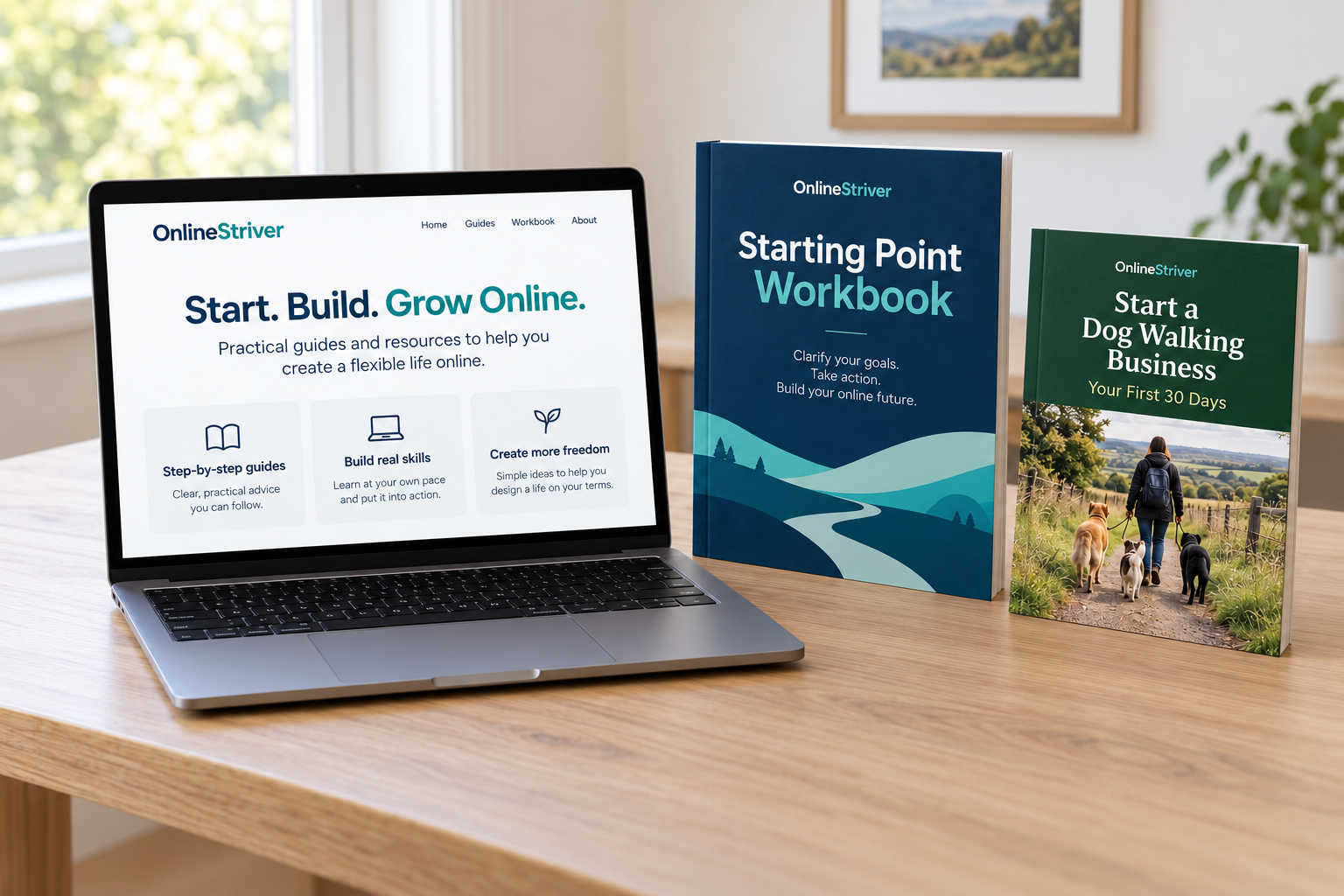 Illustration of an OnlineStriver workspace with a laptop, Starting Point Workbook and dog walking guide