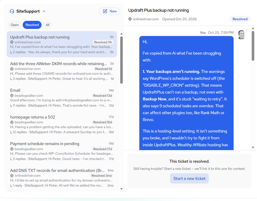 Your message: My Wealthy Affiliate Site Support ticket about UpdraftPlus backups