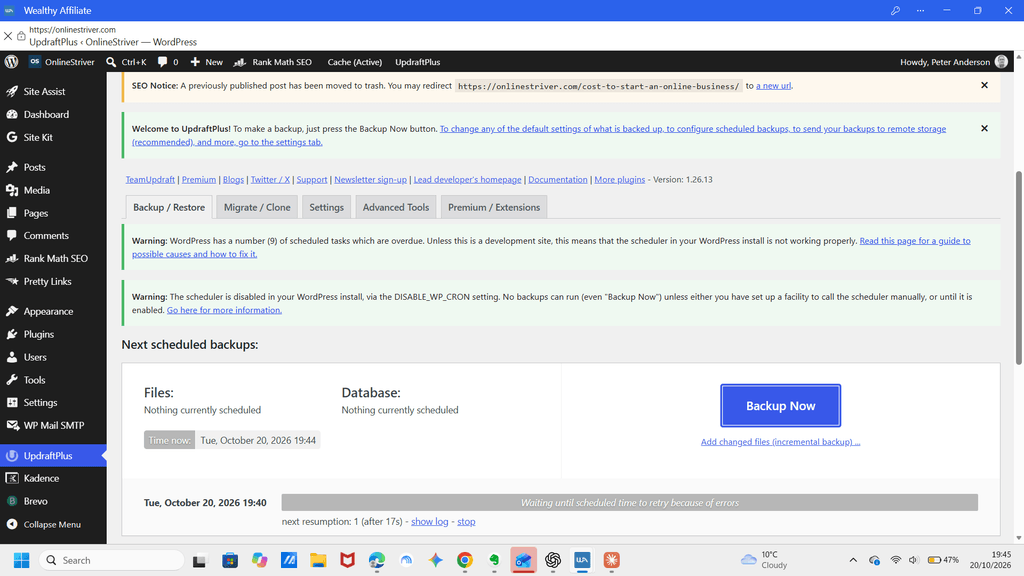 UpdraftPlus warnings: UpdraftPlus warnings about the disabled WordPress scheduler and overdue tasks