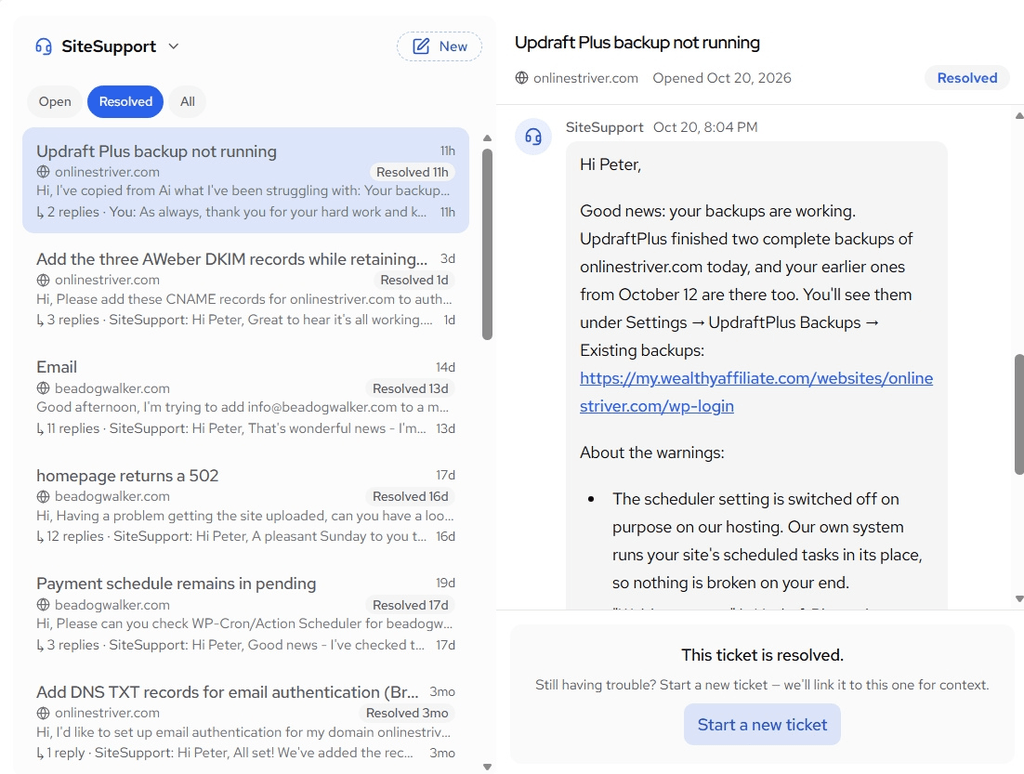 Support’s reply: Wealthy Affiliate Site Support reply five minutes later